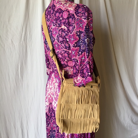 Minnetonka Camel Suede Fringe Mid-Size Crossbody Bag with Bronze Medallions - Picture 4 of 15